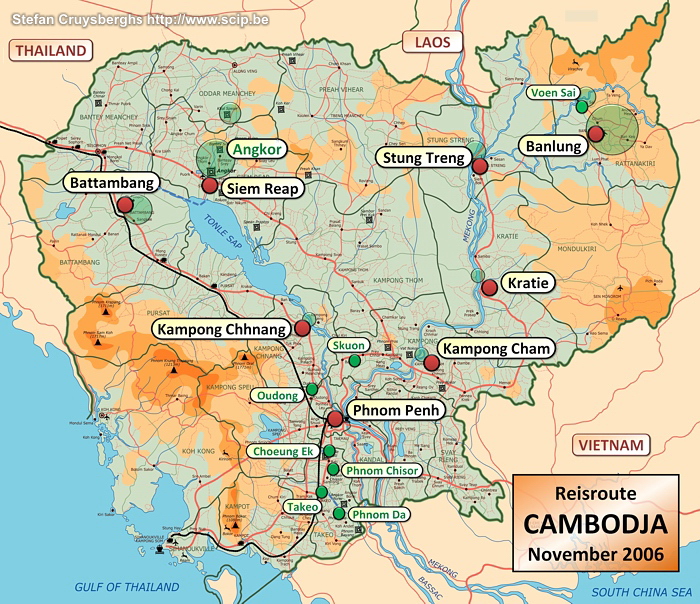 Reisroute / Kaart Cambodja, een boeddhistisch land gelegen tussen Thailand, Laos en Vietnam, telt 13 miljoen inwoners. De Mekong rivier stroomt vanaf Laos in het noorden tot aan Vietnam in het zuidoosten. Centraal in de laagvlakte ligt het Tonlé Sapmeer.<br />
<br />
In 1953 werd Cambodja onafhankelijk van Frankrijk. Hierna volgden woelige decennia met de Vietnamoorlog en het bloedige regime van de rode Khmer. Nu is er terug stabiliteit en het toerisme begin langzaam te bloeien.<br />
 Stefan Cruysberghs